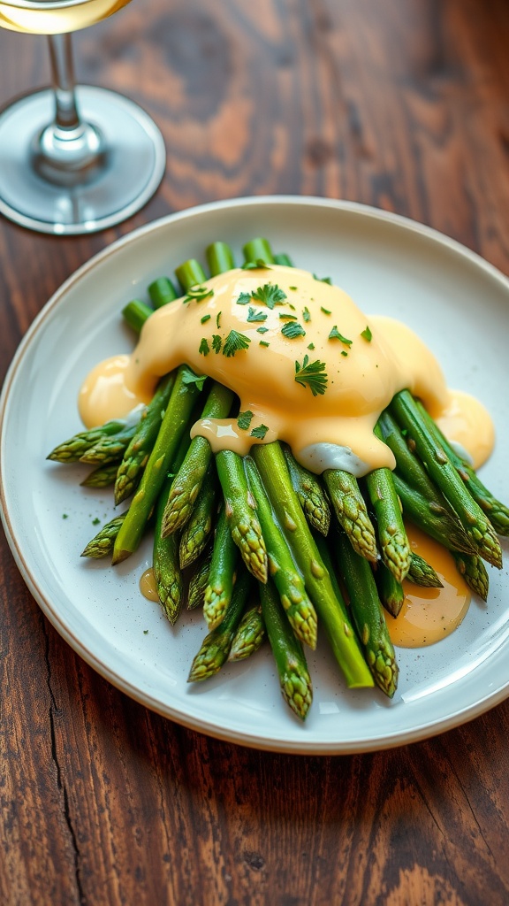 Elegant asparagus spears topped with creamy hollandaise sauce, garnished with parsley, on a rustic table.